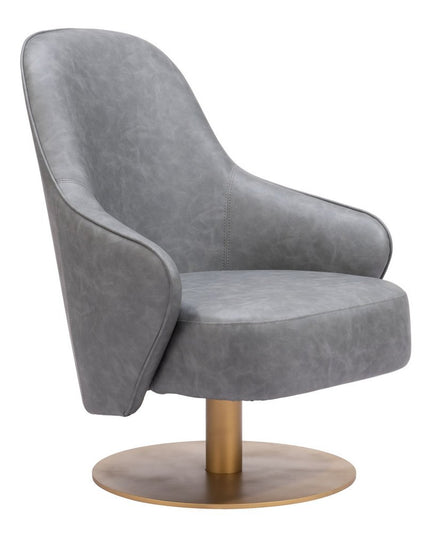 28" Gray And Gold Faux Leather And Faux Leather Swivel Arm Chair