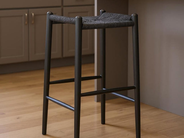 31" Black Rush and Solid Wood Backless Bar Height Bar Chair