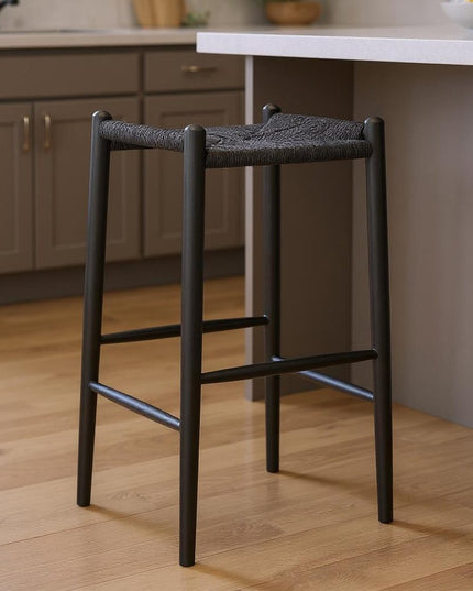 31" Black Rush and Solid Wood Backless Bar Height Bar Chair