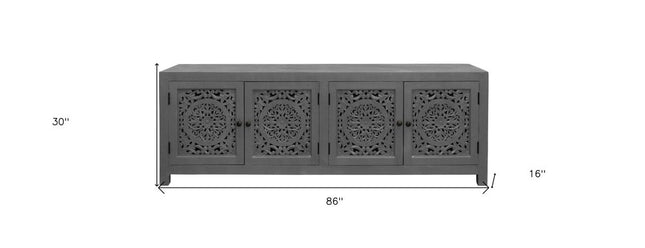 86" Dark Gray Carved Floral Distressed Solid Wood Enclosed Storage TV Stand