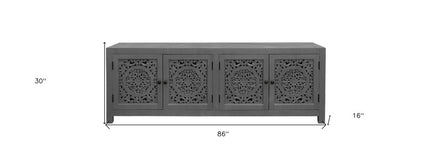 86" Dark Gray Carved Floral Distressed Solid Wood Enclosed Storage TV Stand