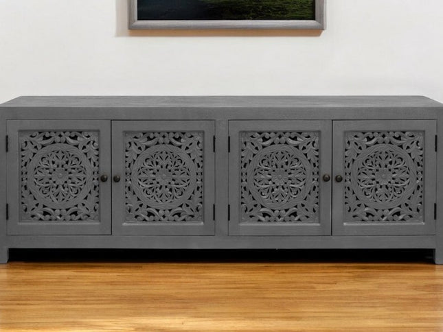 86" Dark Gray Carved Floral Distressed Solid Wood Enclosed Storage TV Stand