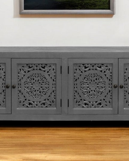 86" Dark Gray Carved Floral Distressed Solid Wood Enclosed Storage TV Stand