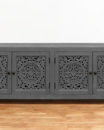 86" Dark Gray Carved Floral Distressed Solid Wood Enclosed Storage TV Stand