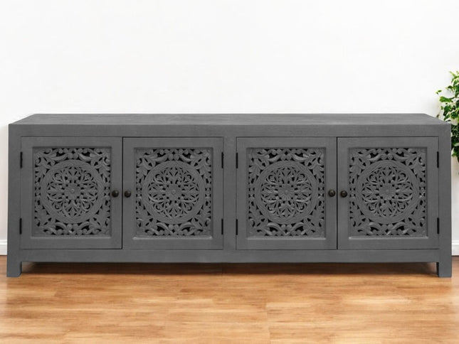 86" Dark Gray Carved Floral Distressed Solid Wood Enclosed Storage TV Stand