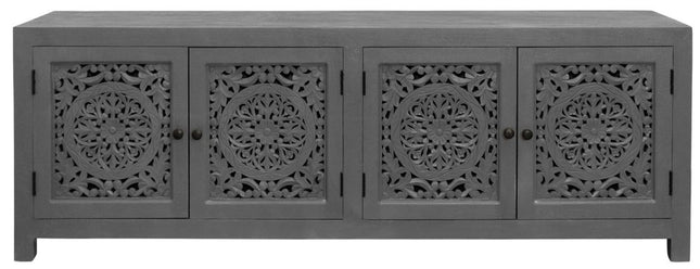 86" Dark Gray Carved Floral Distressed Solid Wood Enclosed Storage TV Stand