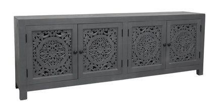 86" Dark Gray Carved Floral Distressed Solid Wood Enclosed Storage TV Stand