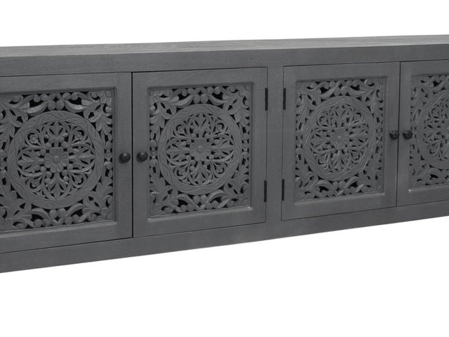 86" Dark Gray Carved Floral Distressed Solid Wood Enclosed Storage TV Stand