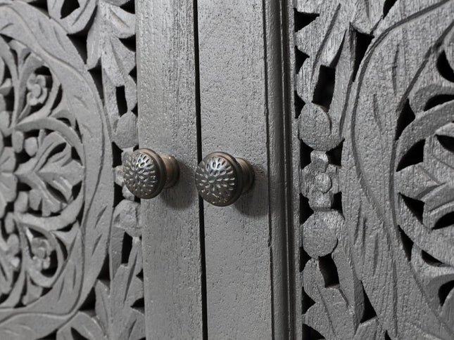 86" Dark Gray Carved Floral Distressed Solid Wood Enclosed Storage TV Stand