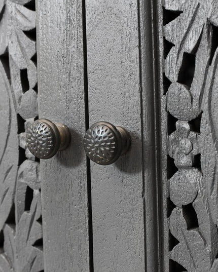 86" Dark Gray Carved Floral Distressed Solid Wood Enclosed Storage TV Stand