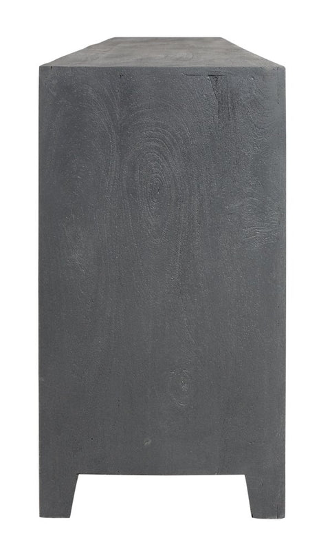 86" Dark Gray Carved Floral Distressed Solid Wood Enclosed Storage TV Stand