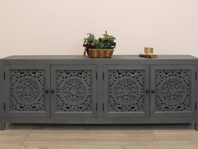 86" Dark Gray Carved Floral Distressed Solid Wood Enclosed Storage TV Stand