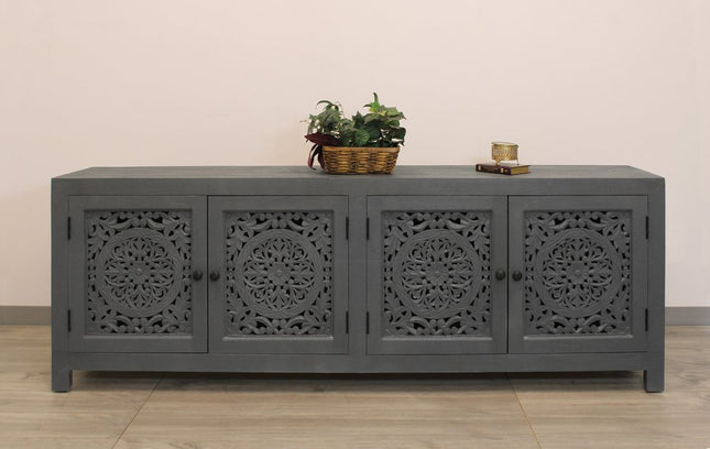 86" Dark Gray Carved Floral Distressed Solid Wood Enclosed Storage TV Stand