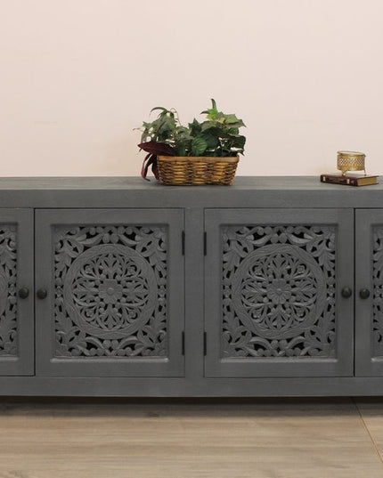 86" Dark Gray Carved Floral Distressed Solid Wood Enclosed Storage TV Stand
