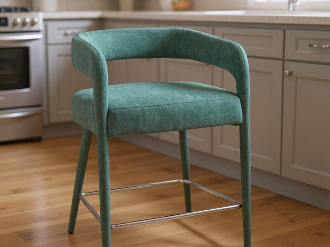 25" Teal Blue Metal and Fabric Low Back Counter Height Bar Chair