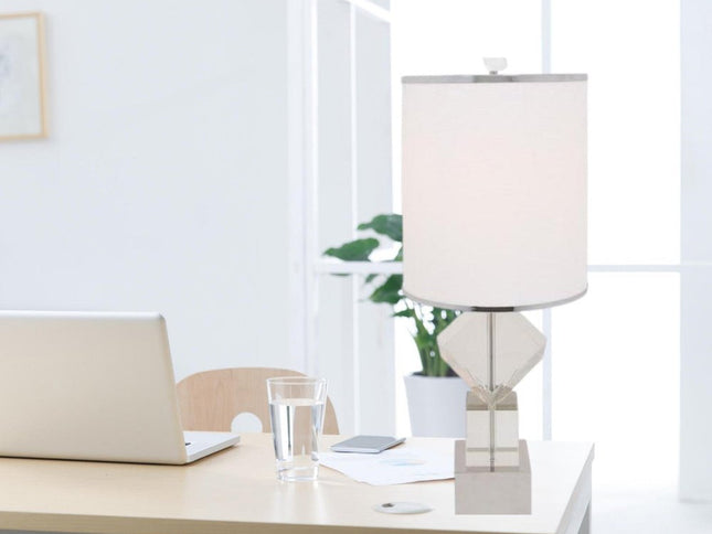 31" Clear And Silver Faux Crystal Geometric Table Lamp LED With White Drum Shade