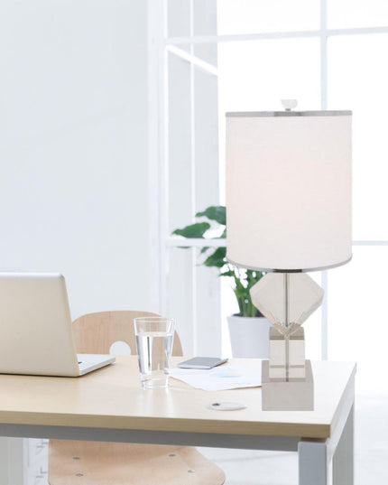 31" Clear And Silver Faux Crystal Geometric Table Lamp LED With White Drum Shade