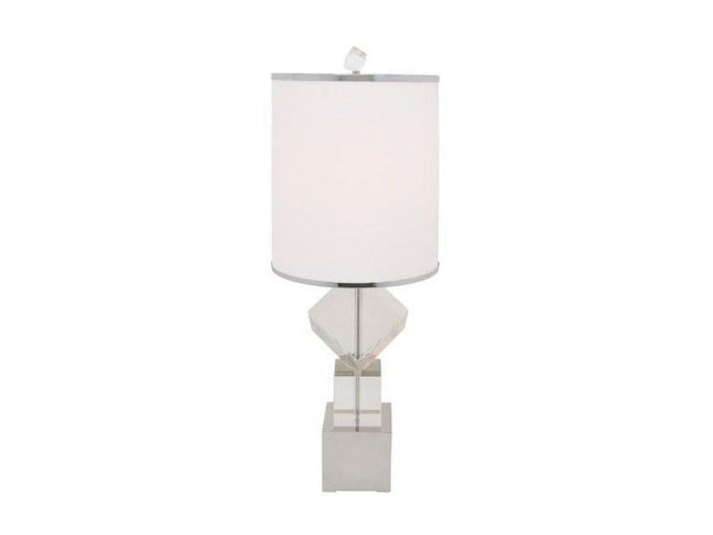31" Clear And Silver Faux Crystal Geometric Table Lamp LED With White Drum Shade