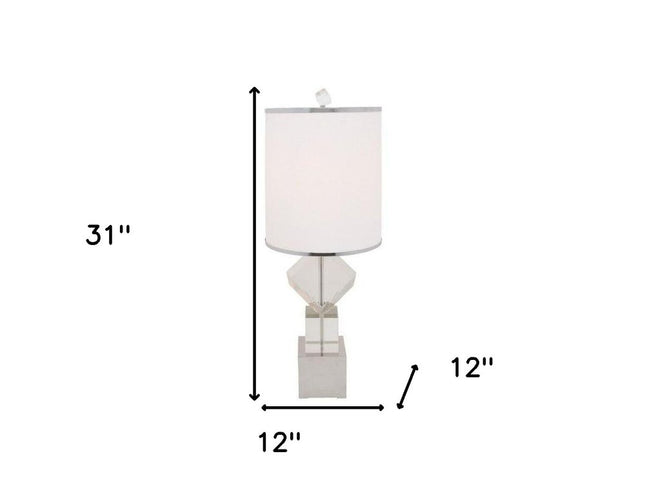 31" Clear And Silver Faux Crystal Geometric Table Lamp LED With White Drum Shade
