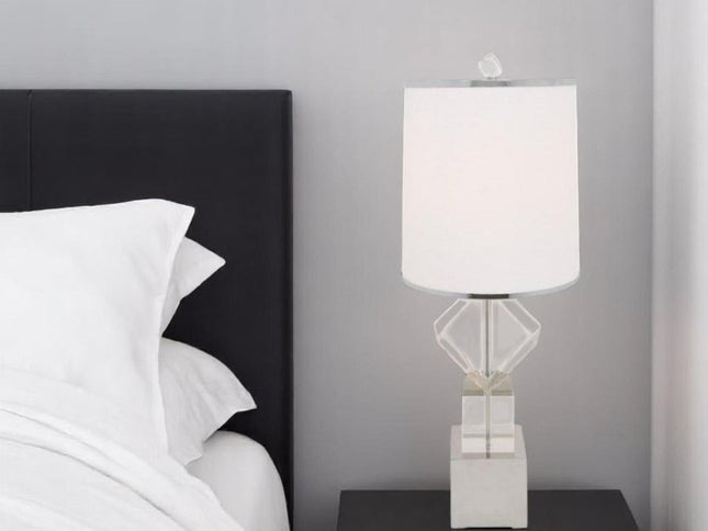 31" Clear And Silver Faux Crystal Geometric Table Lamp LED With White Drum Shade