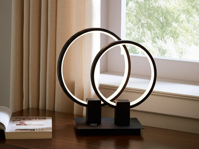 15" Black Metal Two Light Mod Round Circle LED Table Lamp