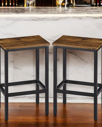 Set of Two 26" Brown and Black Steel and Wood Backless Counter Height Bar Chairs