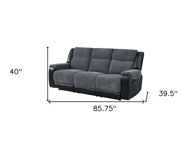86" Black and Gray Reclining USB Sofa And Toss Pillow With Silver Legs