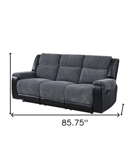 86" Black and Gray Reclining USB Sofa And Toss Pillow With Silver Legs