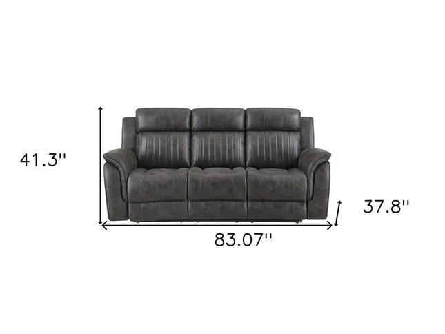 83" Charcoal Reclining USB Sofa And Toss Pillow With Silver Legs