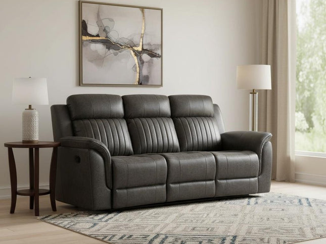 83" Charcoal Reclining USB Sofa And Toss Pillow With Silver Legs