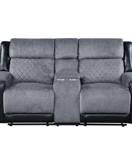 76" Gray and Black Faux Leather and Microfiber Manual Reclining Loveseat With Storage
