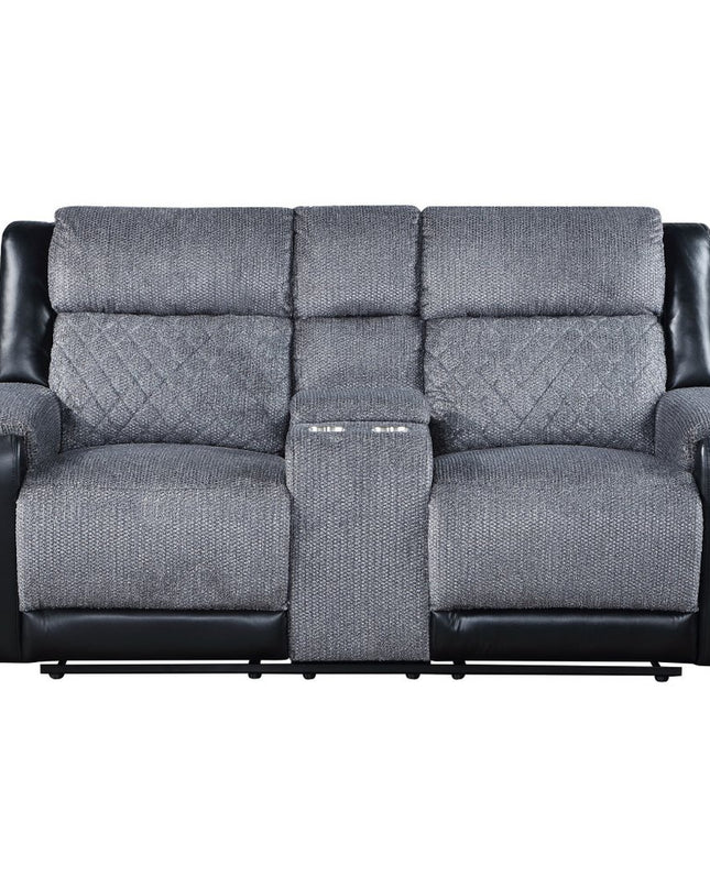 76" Gray and Black Faux Leather and Microfiber Manual Reclining Loveseat With Storage