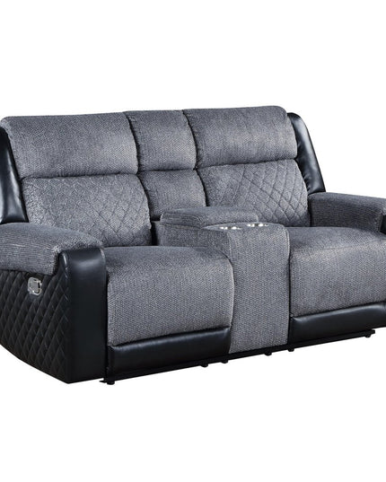 76" Gray and Black Faux Leather and Microfiber Manual Reclining Loveseat With Storage