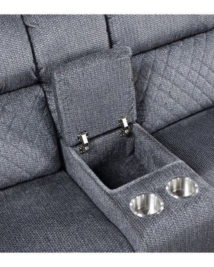 76" Gray and Black Faux Leather and Microfiber Manual Reclining Loveseat With Storage