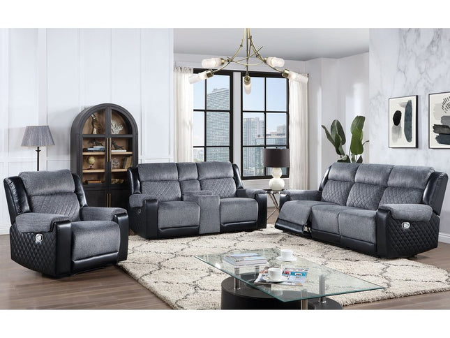 76" Gray and Black Faux Leather and Microfiber Manual Reclining Loveseat With Storage