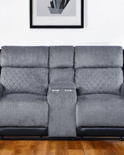 76" Gray and Black Faux Leather and Microfiber Manual Reclining Loveseat With Storage