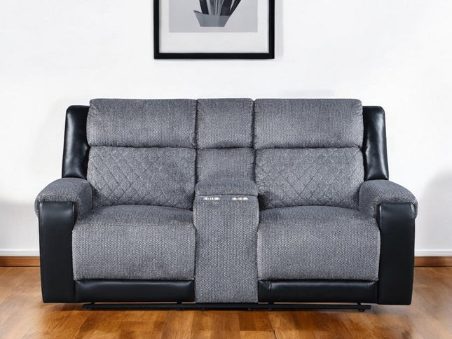 76" Gray and Black Faux Leather and Microfiber Manual Reclining Loveseat With Storage