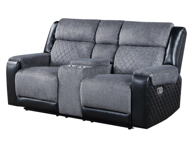 76" Gray and Black Faux Leather and Microfiber Manual Reclining Loveseat With Storage
