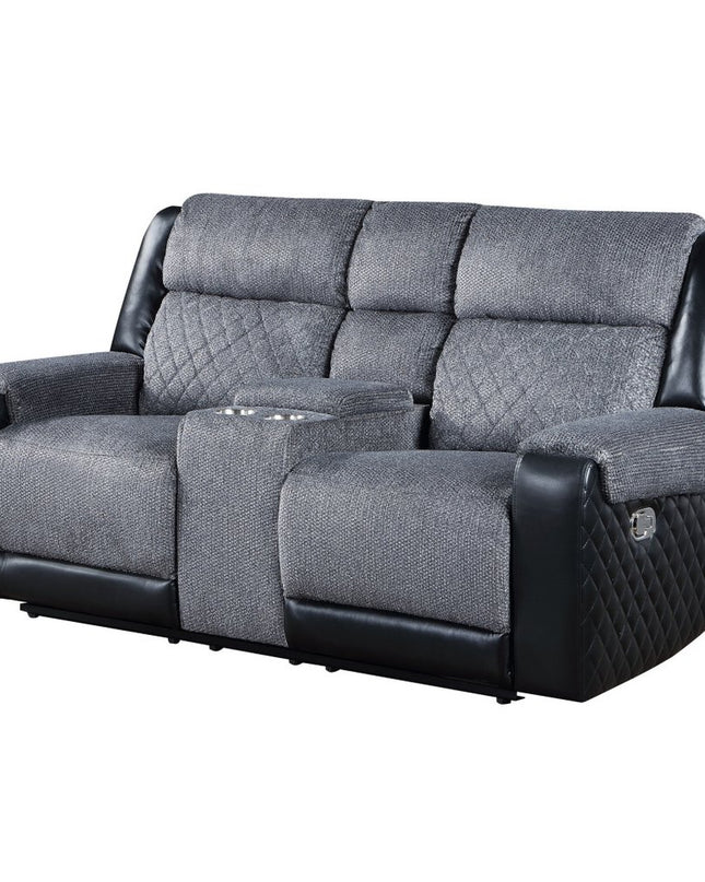 76" Gray and Black Faux Leather and Microfiber Manual Reclining Loveseat With Storage