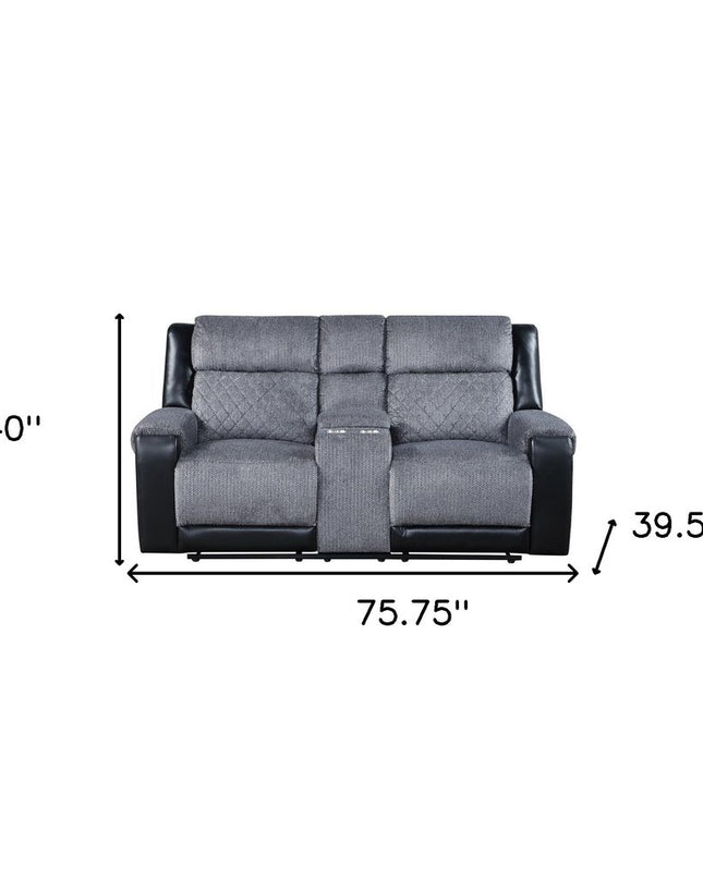 76" Gray and Black Faux Leather and Microfiber Manual Reclining Loveseat With Storage