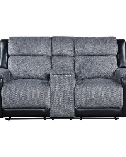 76" Gray and Black Faux Leather and Microfiber Manual Reclining Loveseat With Storage