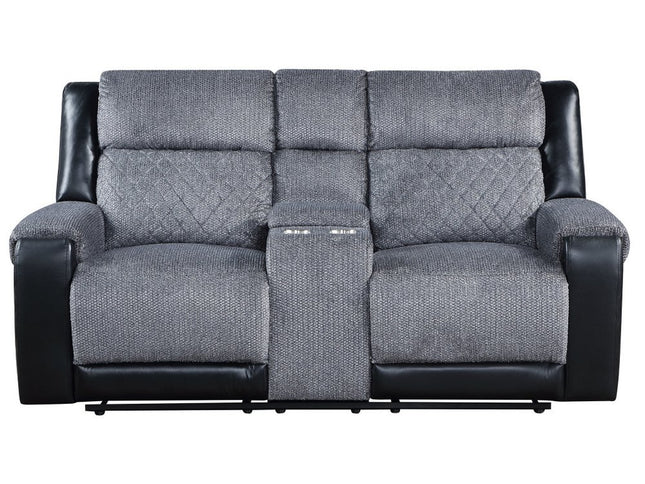 76" Gray and Black Faux Leather and Microfiber Manual Reclining Loveseat With Storage