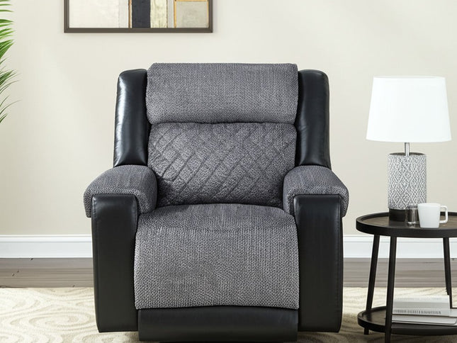 39" Black And Gray Faux Leather And Fabric Manual Recliner