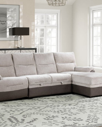 Beige And Brown Fabric Sleeper L Shaped Three Piece Sofa and Storage Chaise Sectional