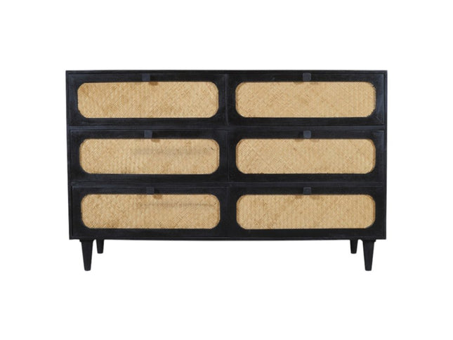 56" Black And Natural Solid Wood And Rattan Six Drawer Double Dresser