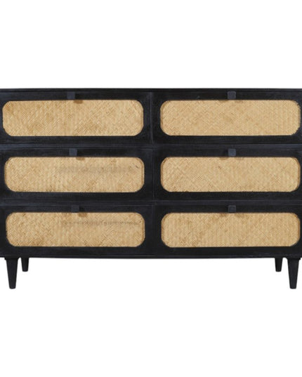 56" Black And Natural Solid Wood And Rattan Six Drawer Double Dresser