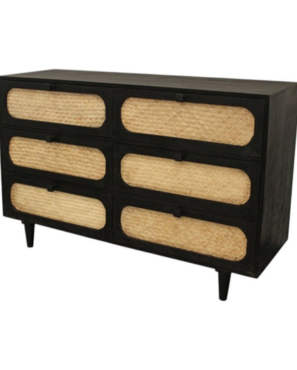 56" Black And Natural Solid Wood And Rattan Six Drawer Double Dresser