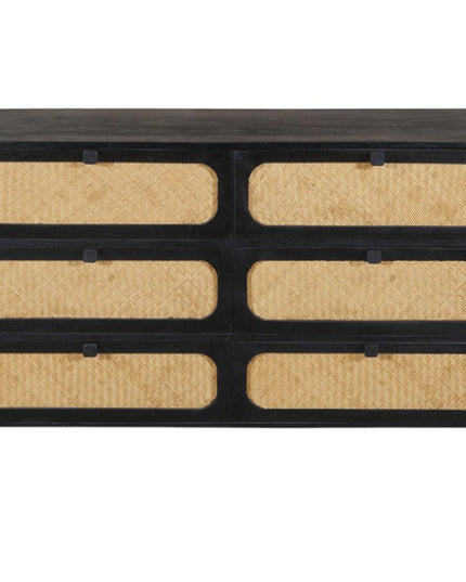 56" Black And Natural Solid Wood And Rattan Six Drawer Double Dresser