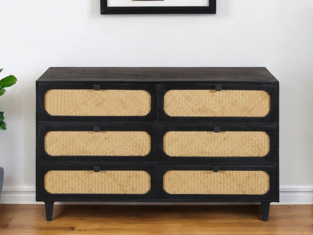 56" Black And Natural Solid Wood And Rattan Six Drawer Double Dresser