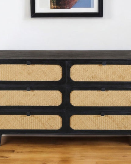 56" Black And Natural Solid Wood And Rattan Six Drawer Double Dresser